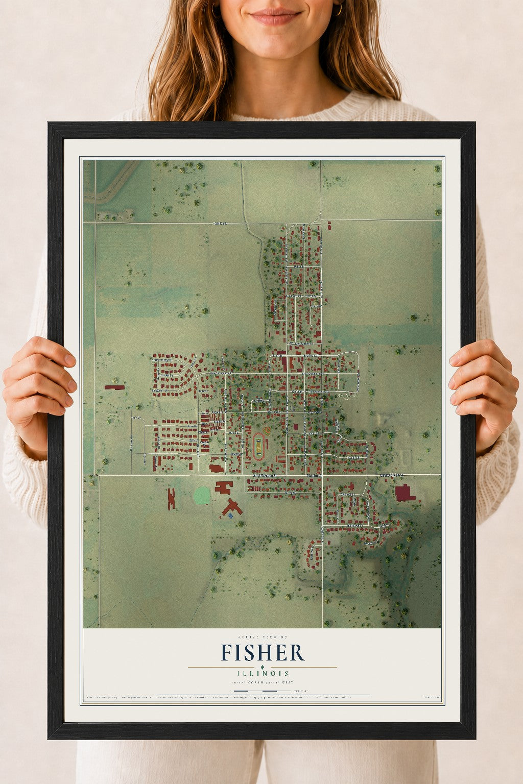 Map of Fisher, Illinois, 18 x 24 inch print in a black wood frame