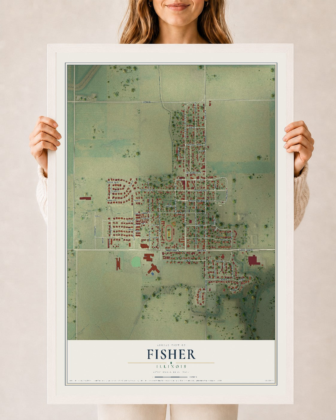 Map of Fisher, Illinois, 24 x 36 inch print in a white wood frame