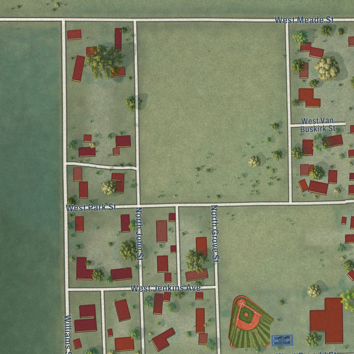 Second close-up of the map of Fithian, Illinois print showing more streets and buildings