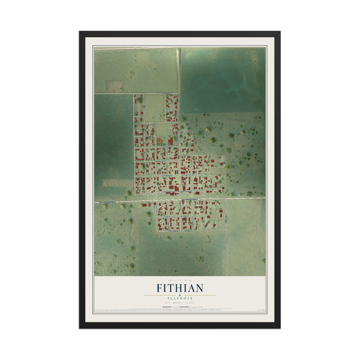 Map of Fithian, Illinois, 12 x 18 inch print in a black wood frame