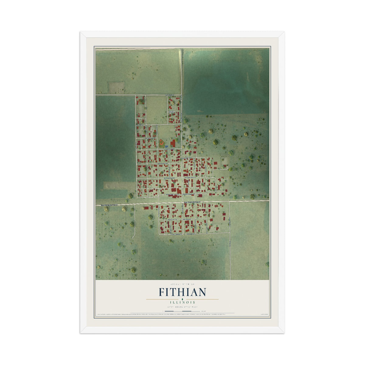 Map of Fithian, Illinois, 12 x 18 inch print in a white wood frame