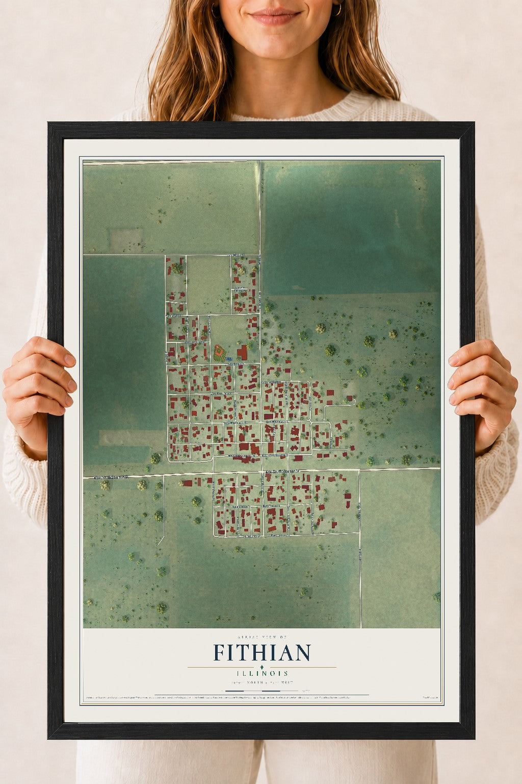 Map of Fithian, Illinois, 18 x 24 inch print in a black wood frame