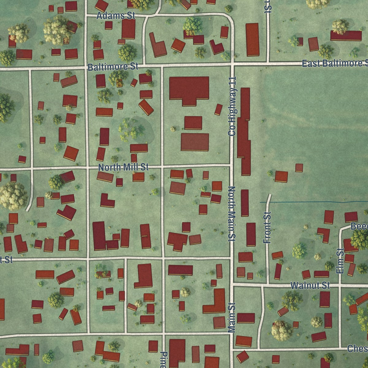 Close-up of the map of Flat Rock, Illinois print showing street and building detail