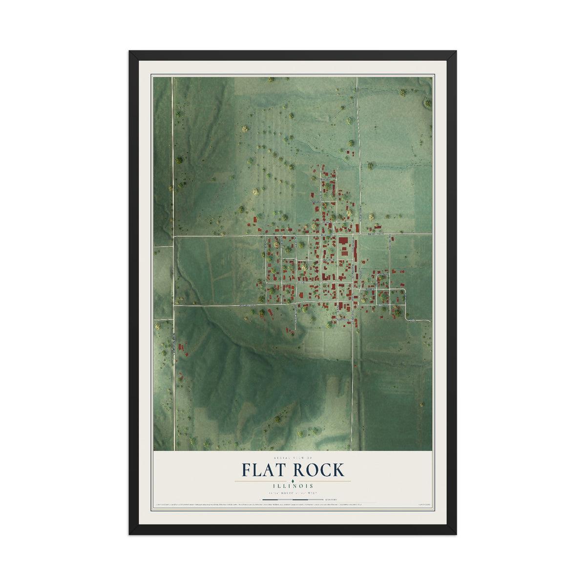 Map of Flat Rock, Illinois, 12 x 18 inch print in a black wood frame