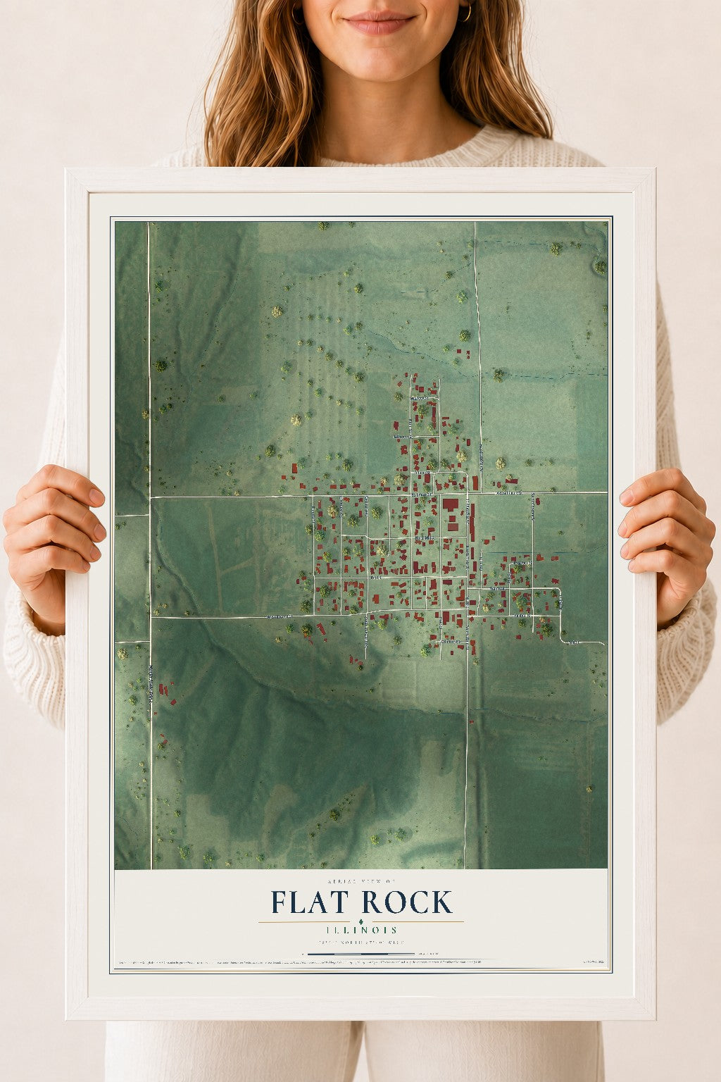 Map of Flat Rock, Illinois, 18 x 24 inch print in a white wood frame