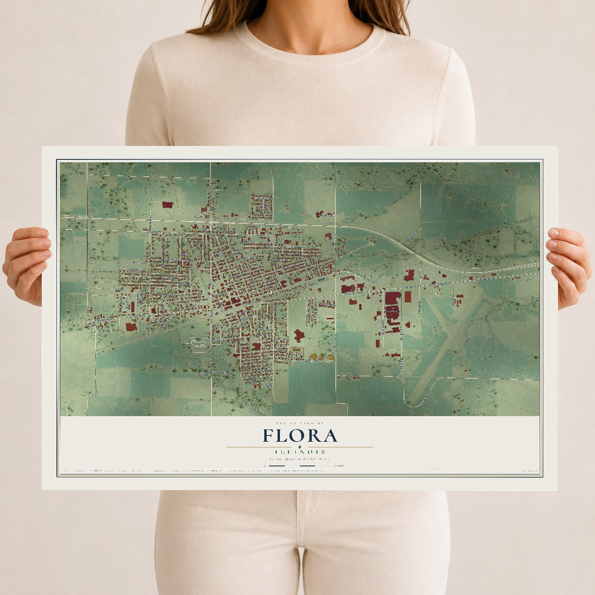 Map of Flora, Illinois, 12 x 18 inch unframed archival matte print