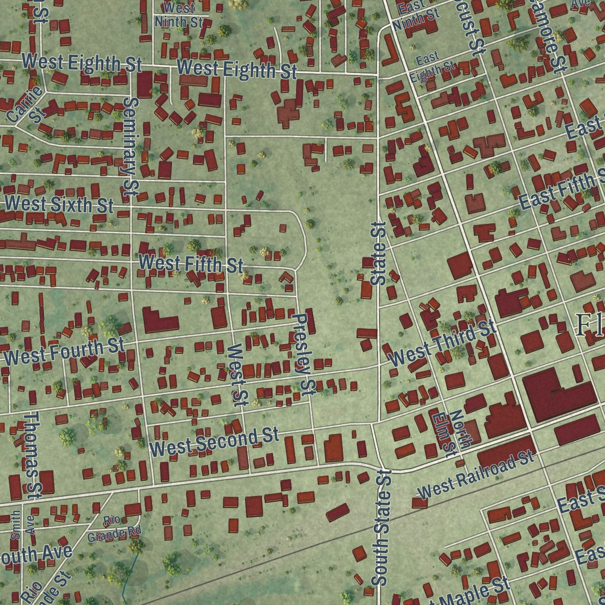 Close-up of the map of Flora, Illinois print showing street and building detail
