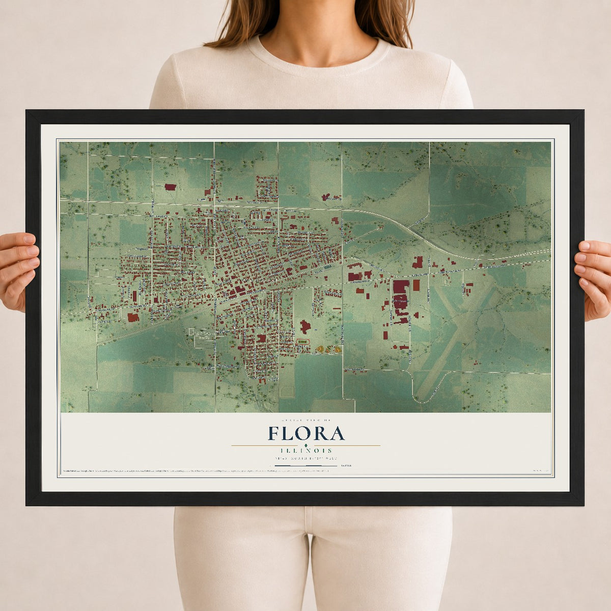 Map of Flora, Illinois, 18 x 24 inch print in a black wood frame