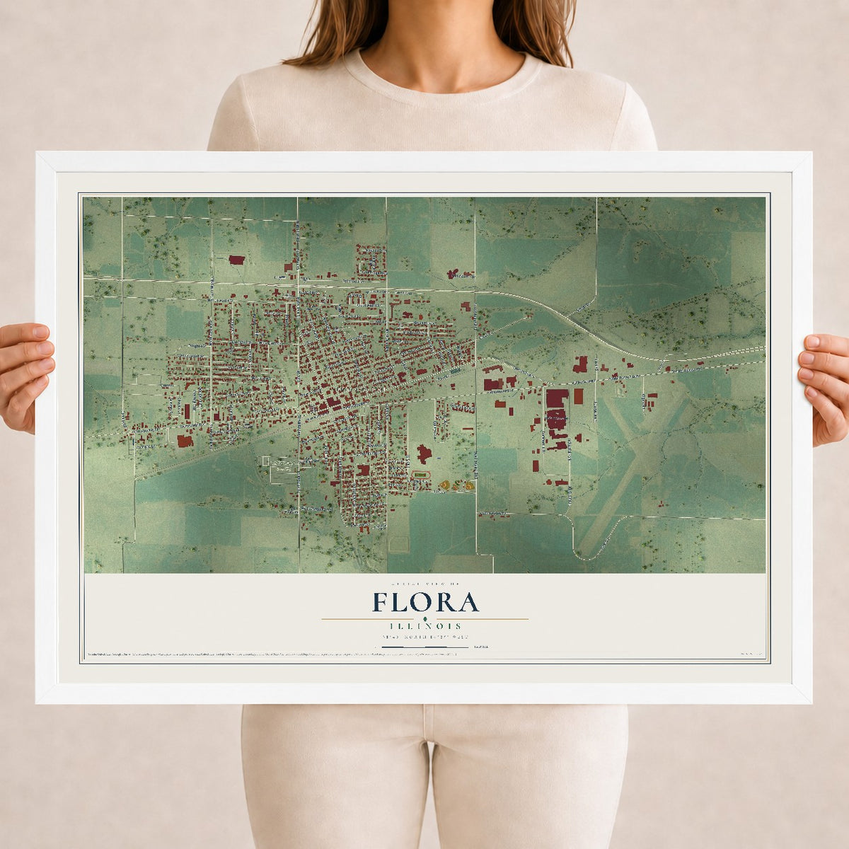 Map of Flora, Illinois, 18 x 24 inch print in a white wood frame