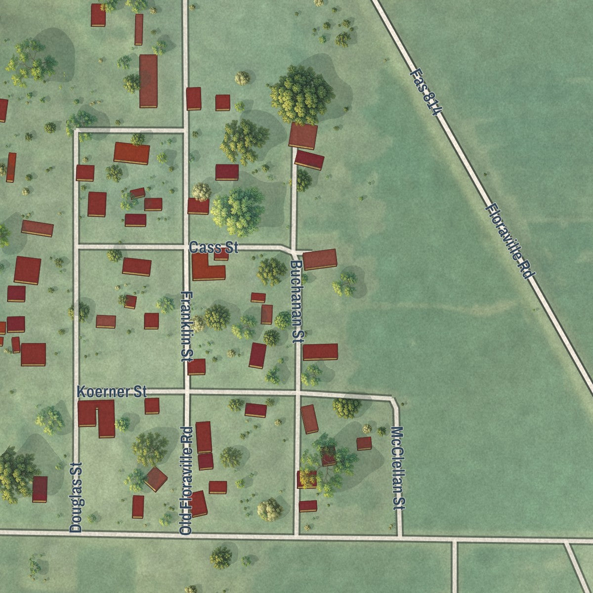 Close-up of the map of Floraville, Illinois print showing street and building detail