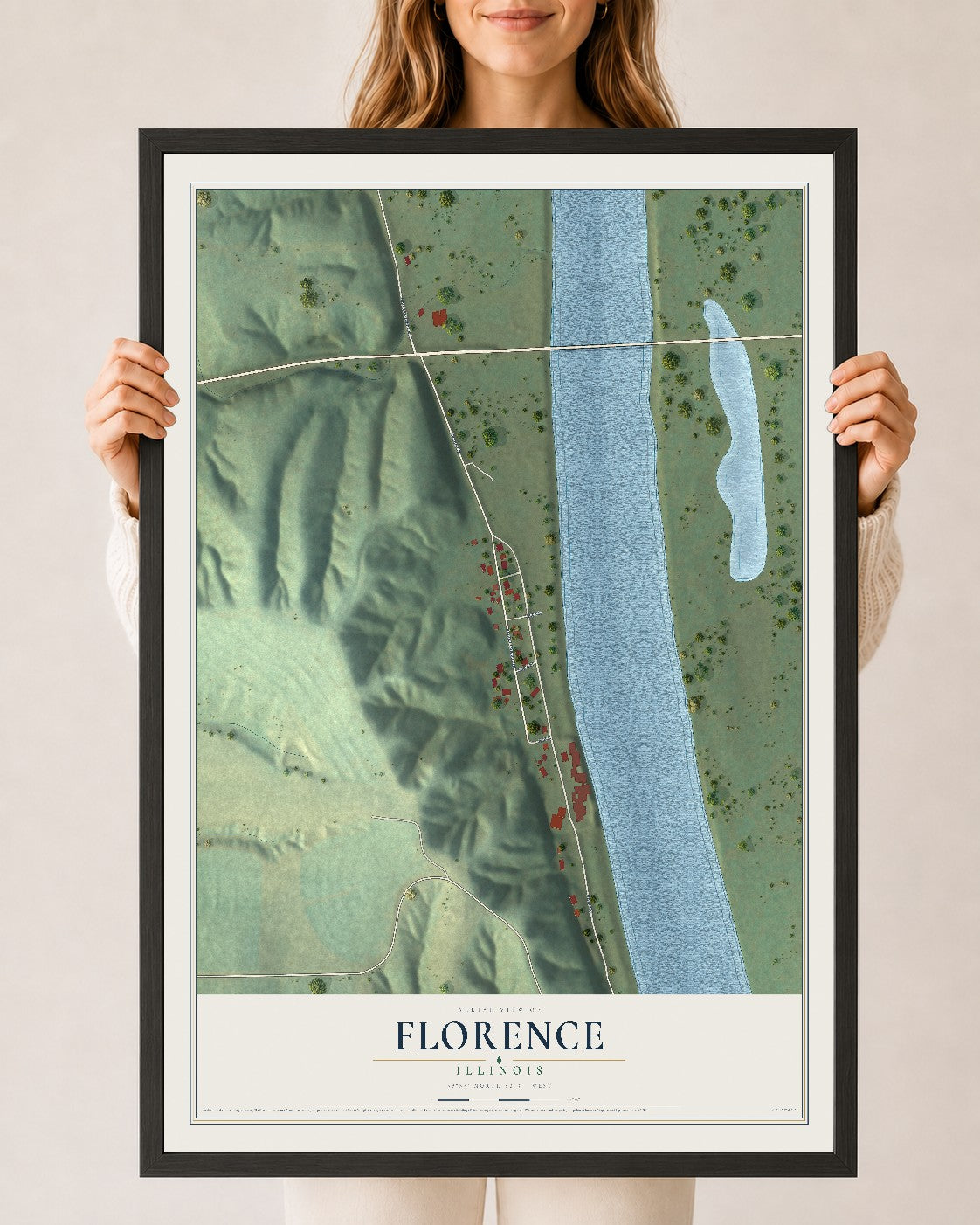 Map of Florence, Illinois, 24 x 36 inch print in a black wood frame