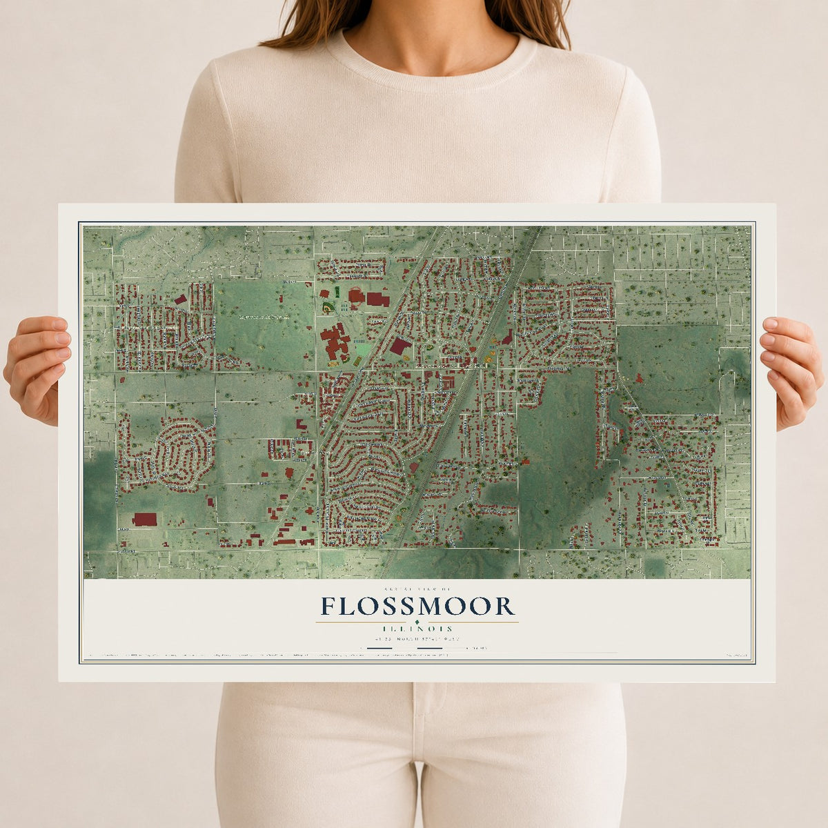 Map of Flossmoor, Illinois, 12 x 18 inch unframed archival matte print