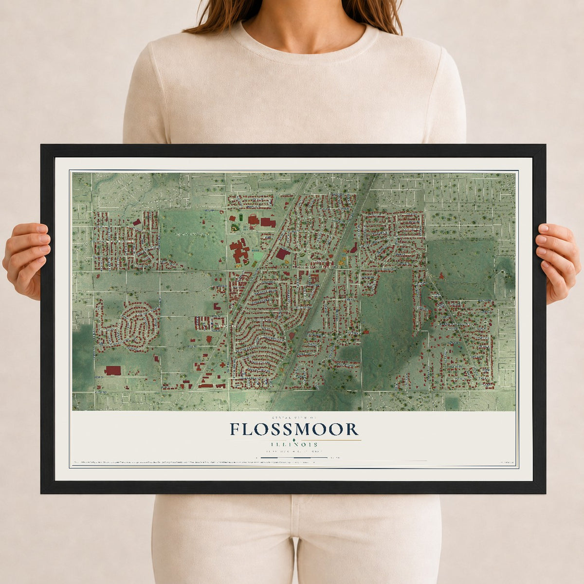Map of Flossmoor, Illinois, 12 x 18 inch print in a black wood frame