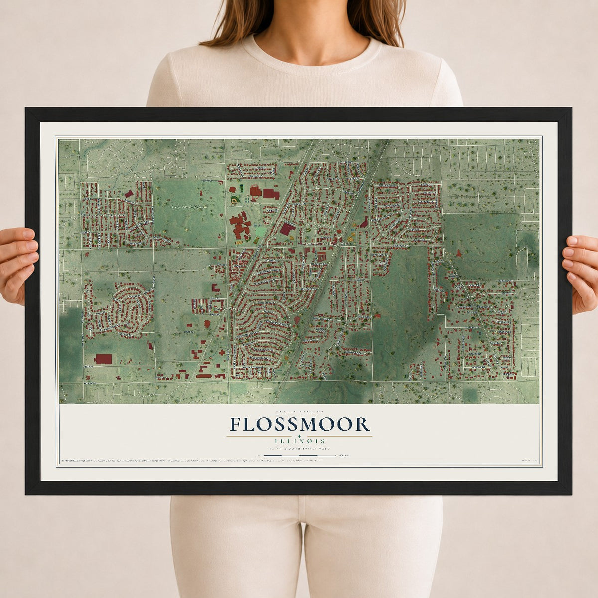 Map of Flossmoor, Illinois, 18 x 24 inch print in a black wood frame