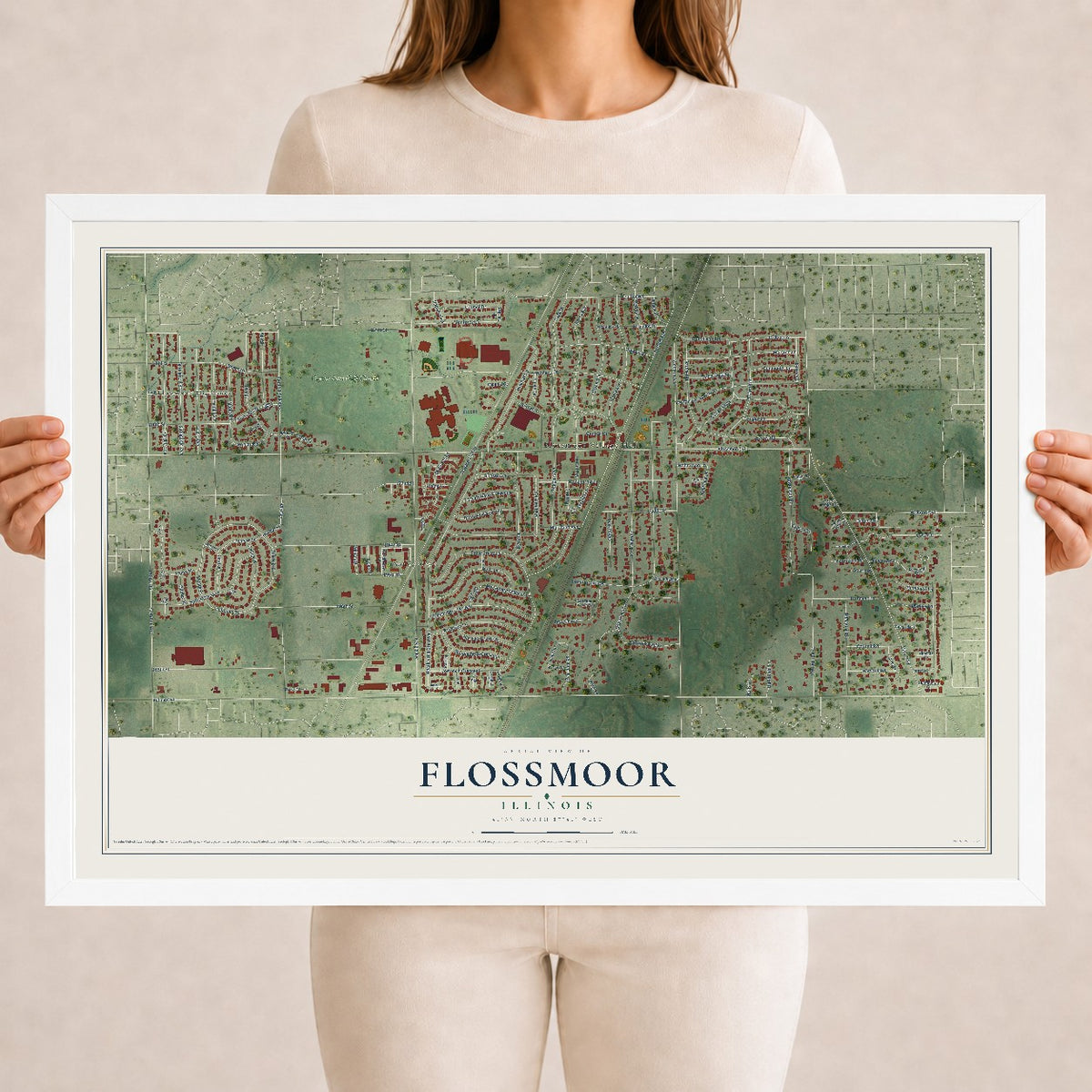 Map of Flossmoor, Illinois, 18 x 24 inch print in a white wood frame