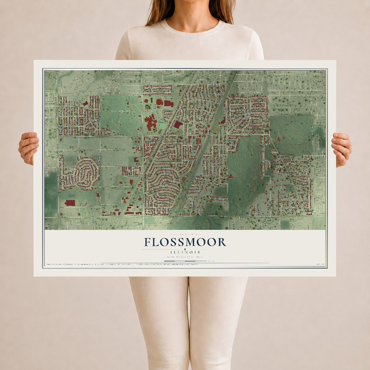 Map of Flossmoor, Illinois, 24 x 36 inch unframed archival matte print