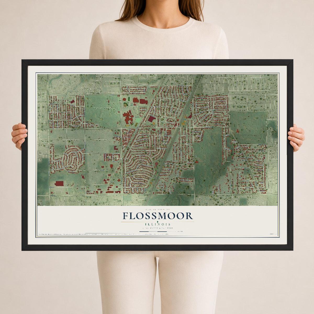 Map of Flossmoor, Illinois, 24 x 36 inch print in a black wood frame