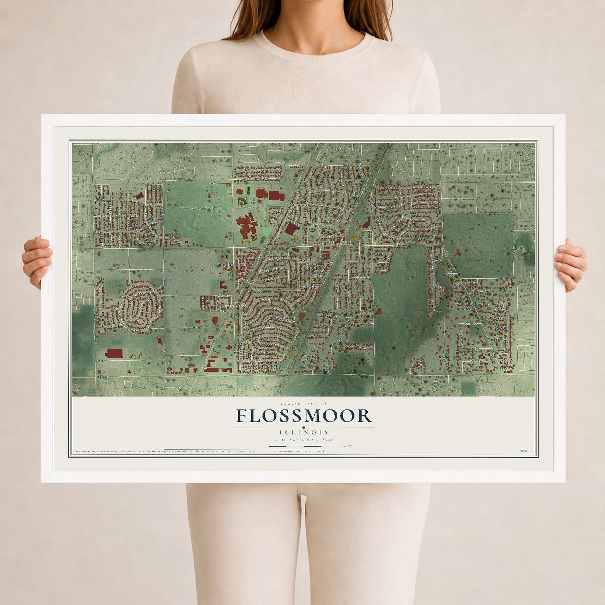 Map of Flossmoor, Illinois, 24 x 36 inch print in a white wood frame