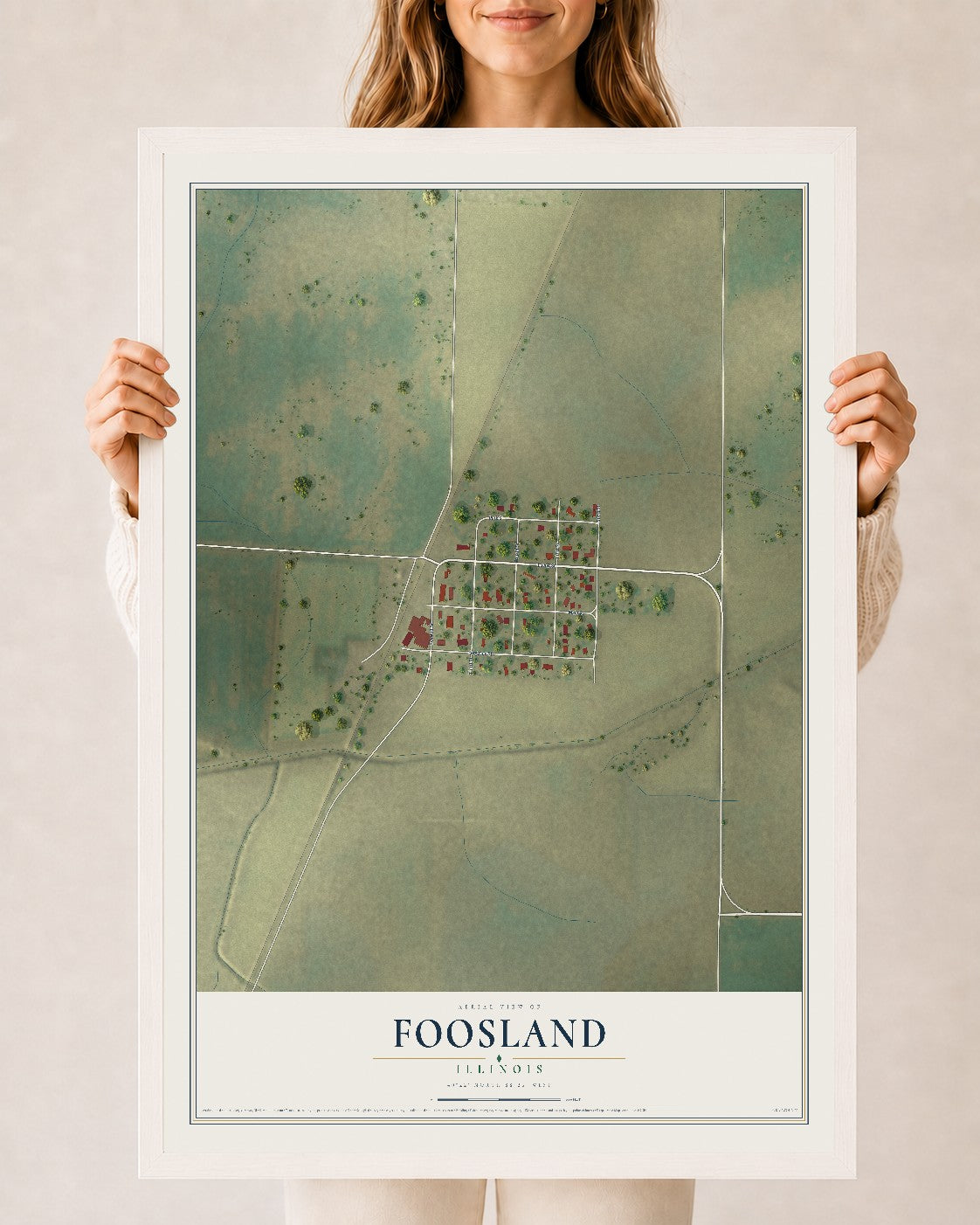 Map of Foosland, Illinois, 24 x 36 inch print in a white wood frame