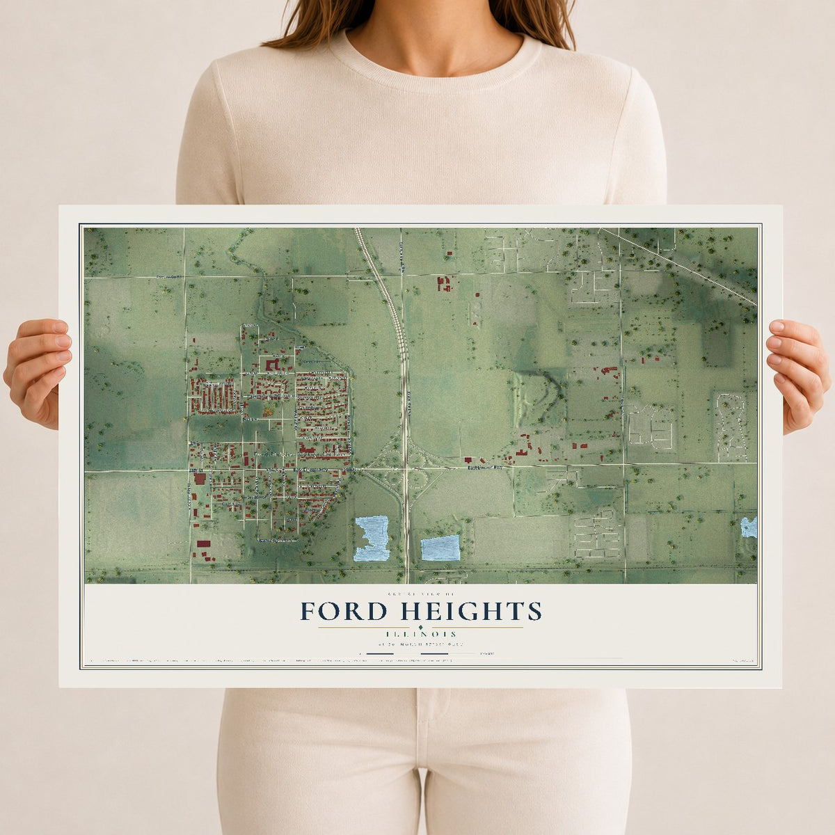 Map of Ford Heights, Illinois, 12 x 18 inch unframed archival matte print