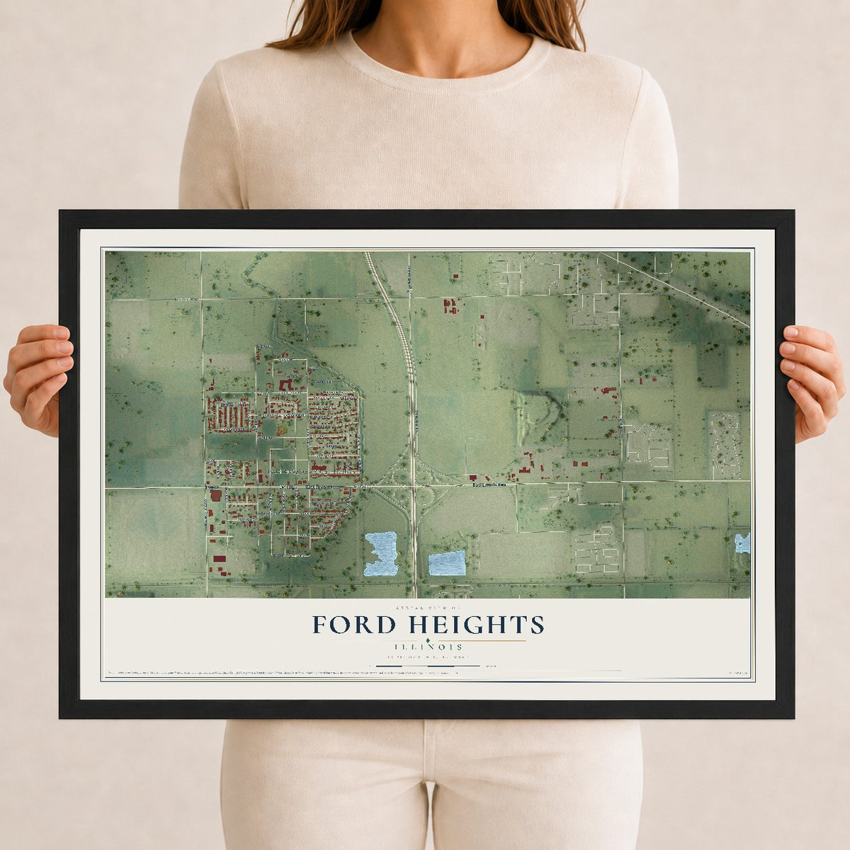Map of Ford Heights, Illinois, 12 x 18 inch print in a black wood frame
