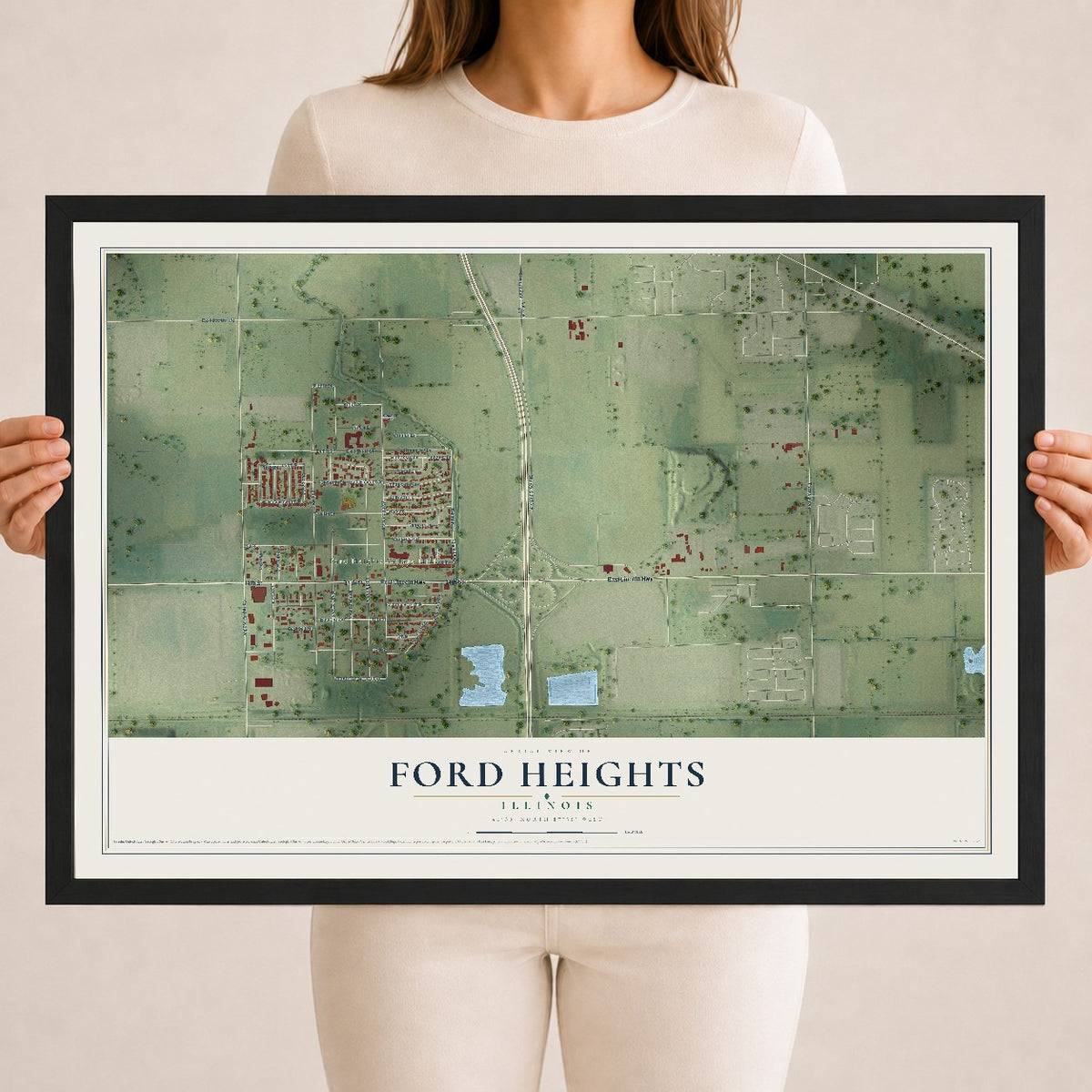 Map of Ford Heights, Illinois, 18 x 24 inch print in a black wood frame