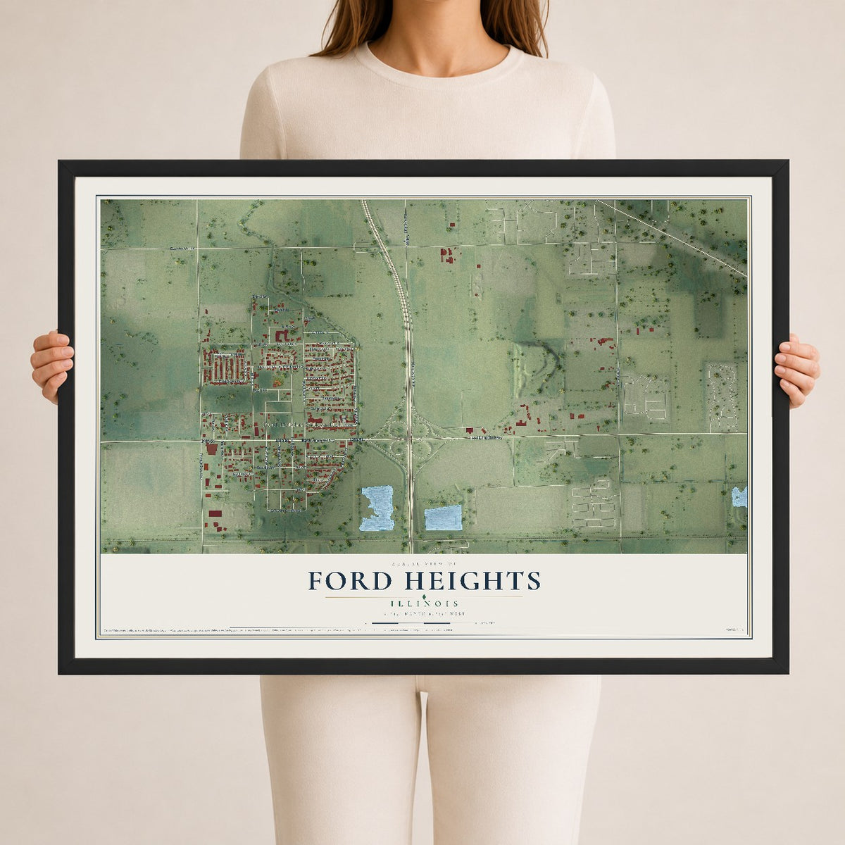 Map of Ford Heights, Illinois, 24 x 36 inch print in a black wood frame
