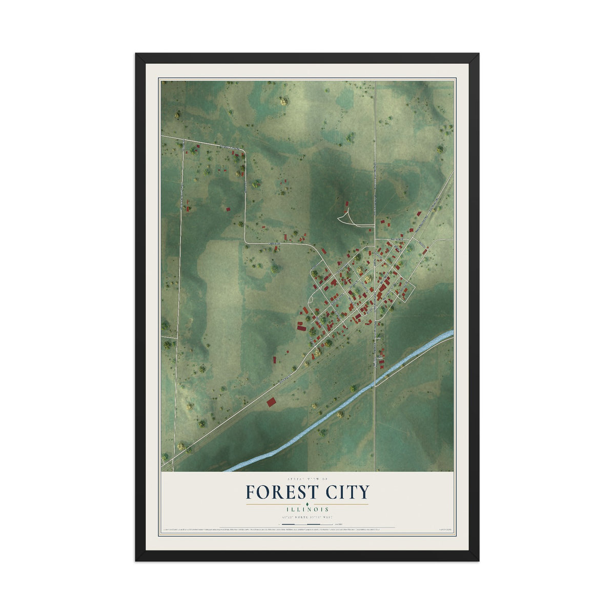 Map of Forest City, Illinois, 12 x 18 inch print in a black wood frame