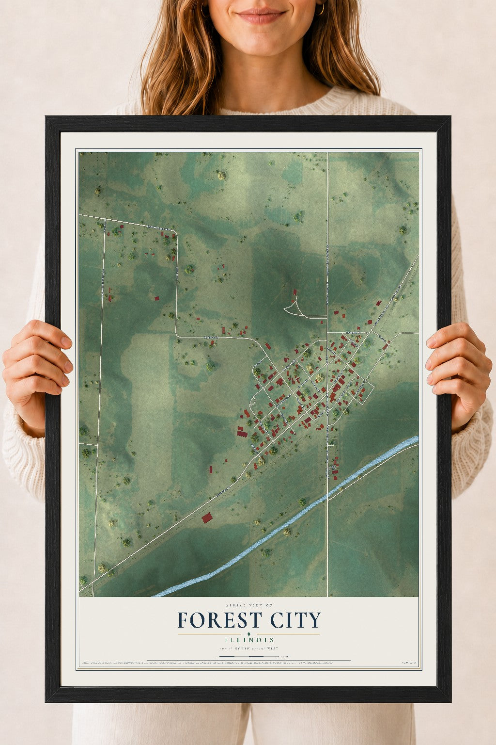 Map of Forest City, Illinois, 18 x 24 inch print in a black wood frame