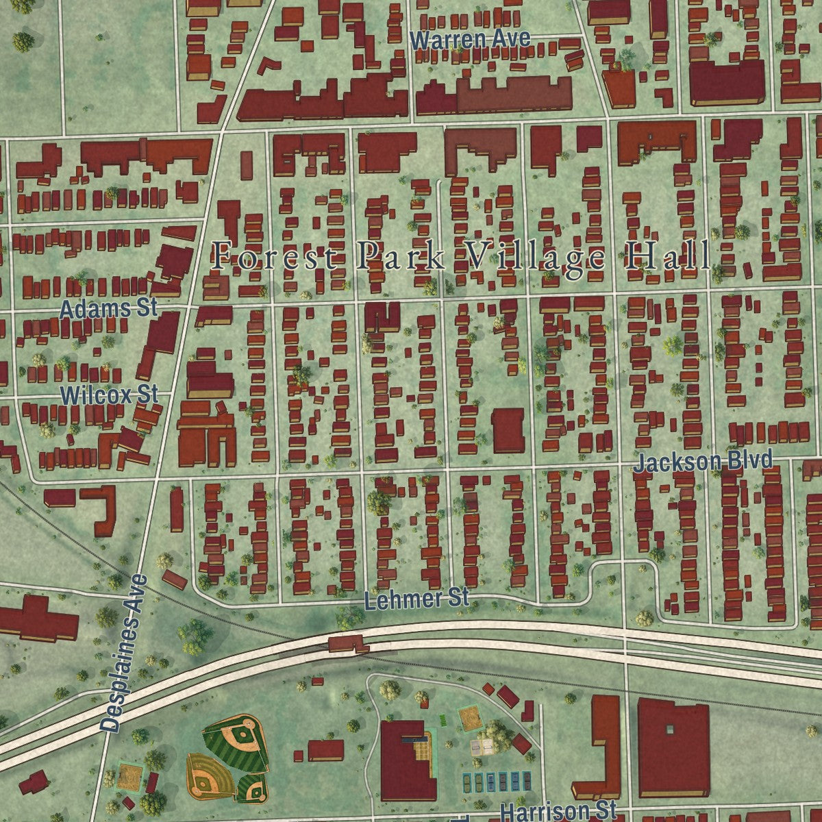 Close-up of the map of Forest Park, Illinois print showing street and building detail