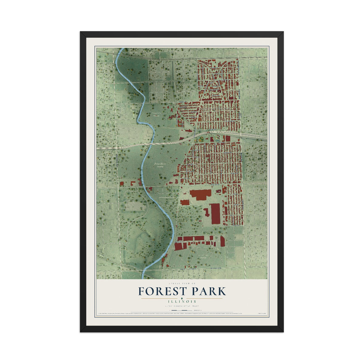 Map of Forest Park, Illinois, 12 x 18 inch print in a black wood frame