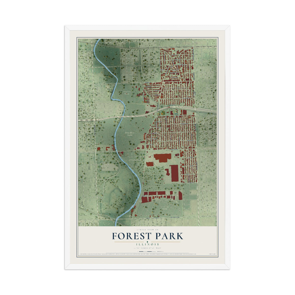 Map of Forest Park, Illinois, 12 x 18 inch print in a white wood frame