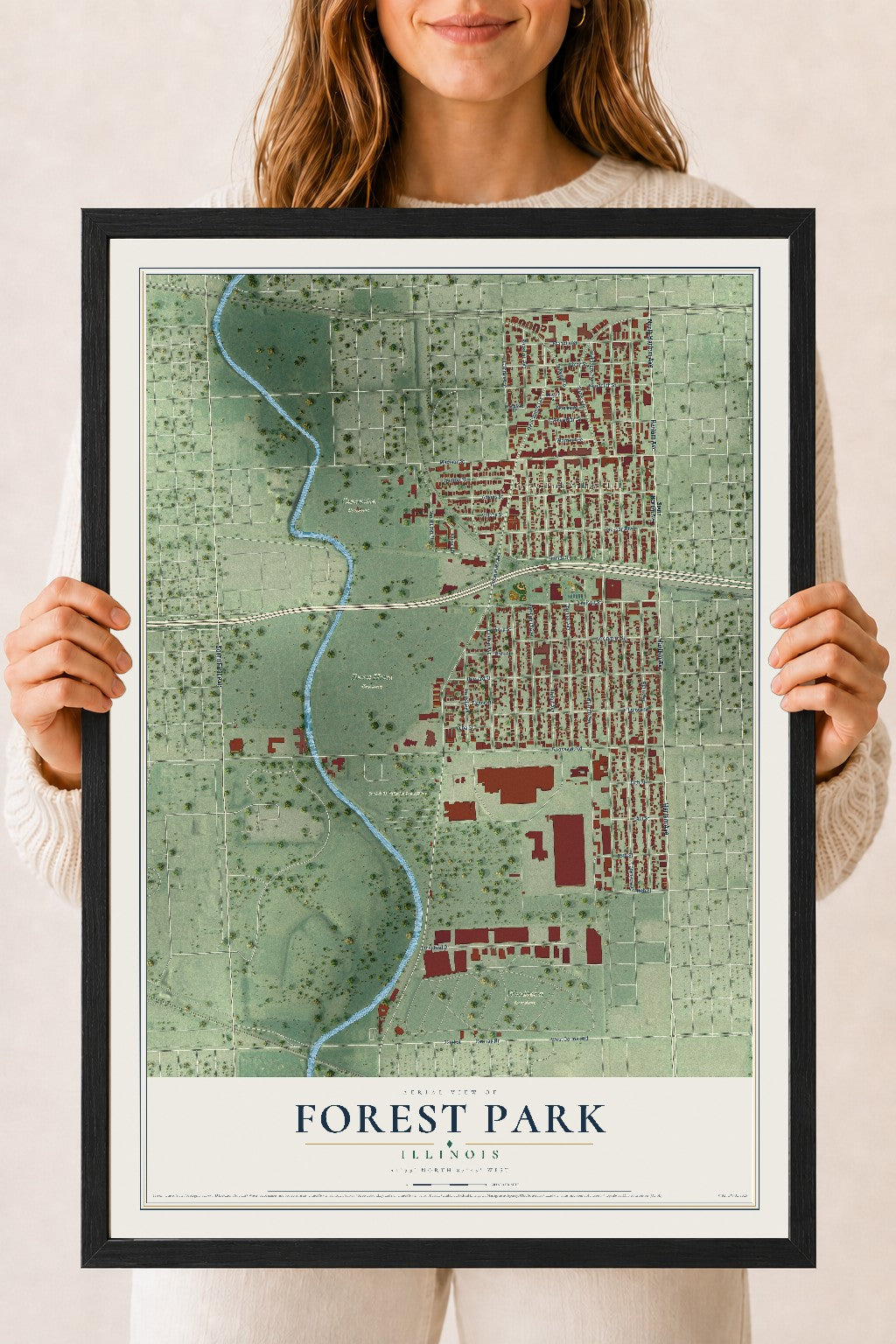Map of Forest Park, Illinois, 18 x 24 inch print in a black wood frame