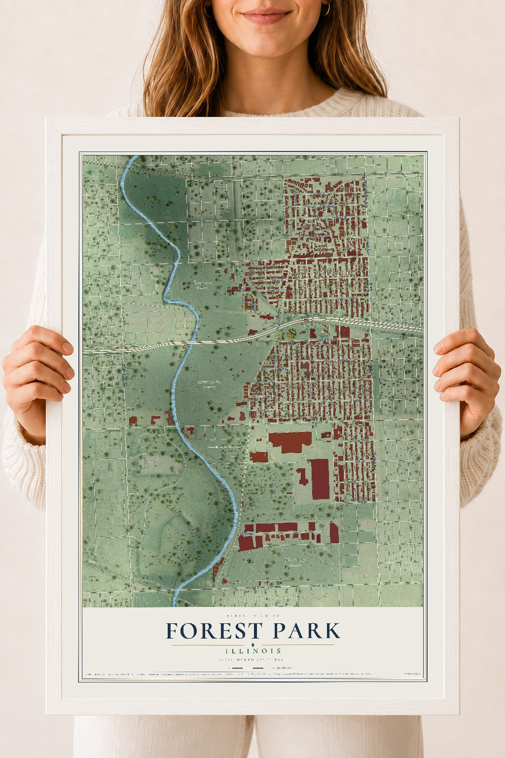Map of Forest Park, Illinois, 18 x 24 inch print in a white wood frame