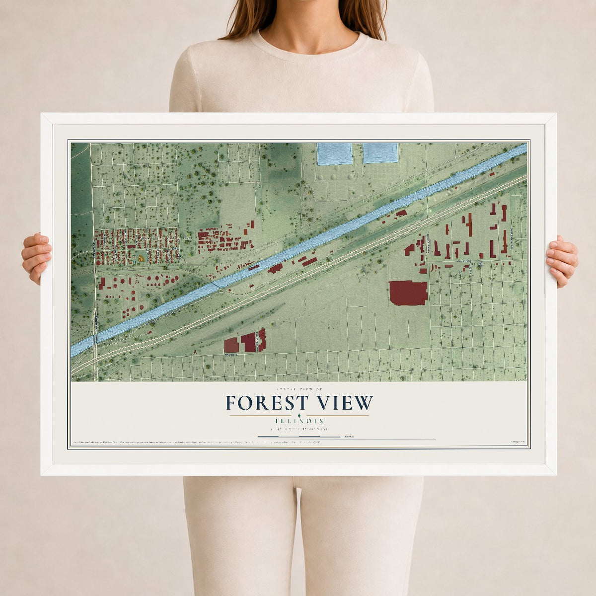 Map of Forest View, Illinois, 24 x 36 inch print in a white wood frame