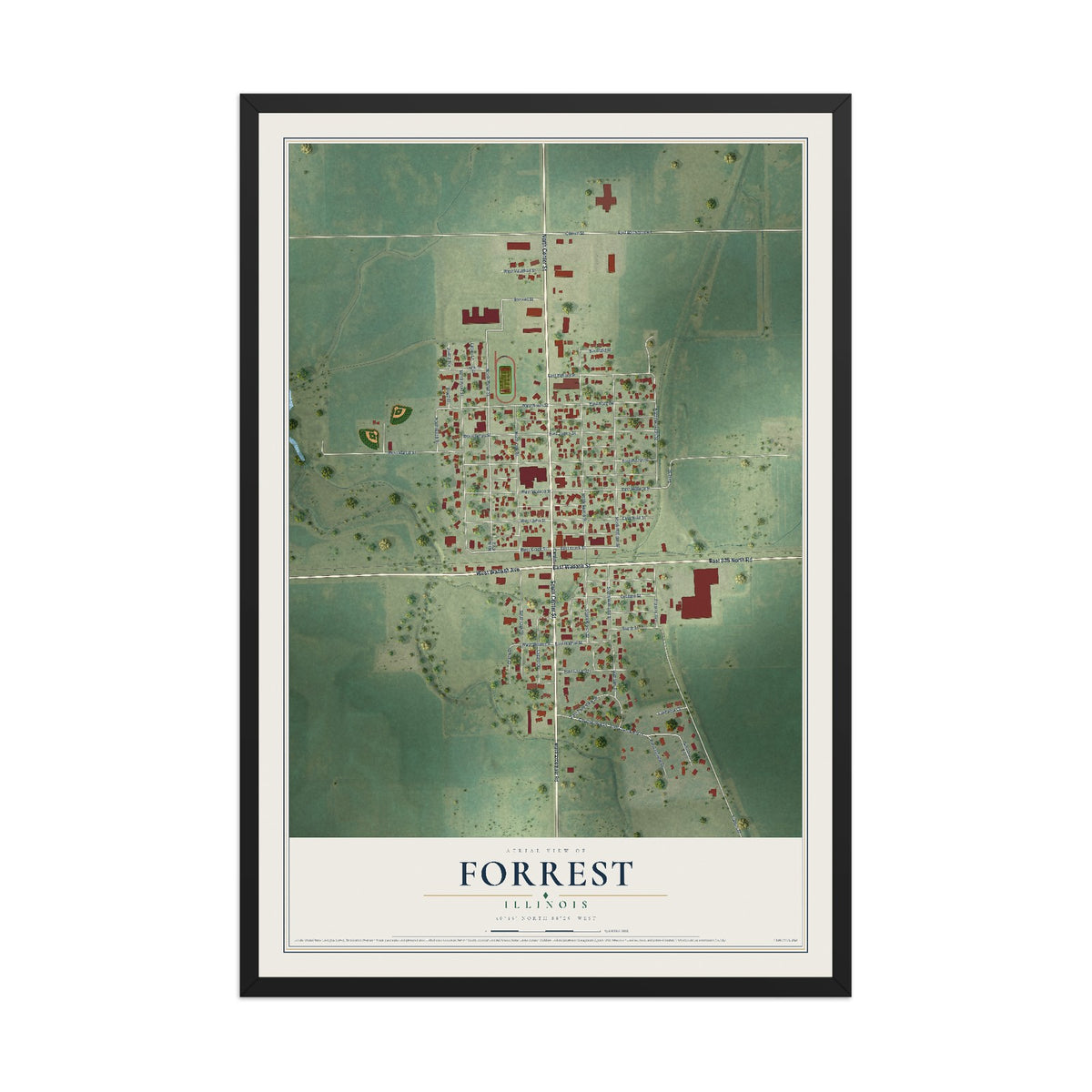 Map of Forrest, Illinois, 12 x 18 inch print in a black wood frame