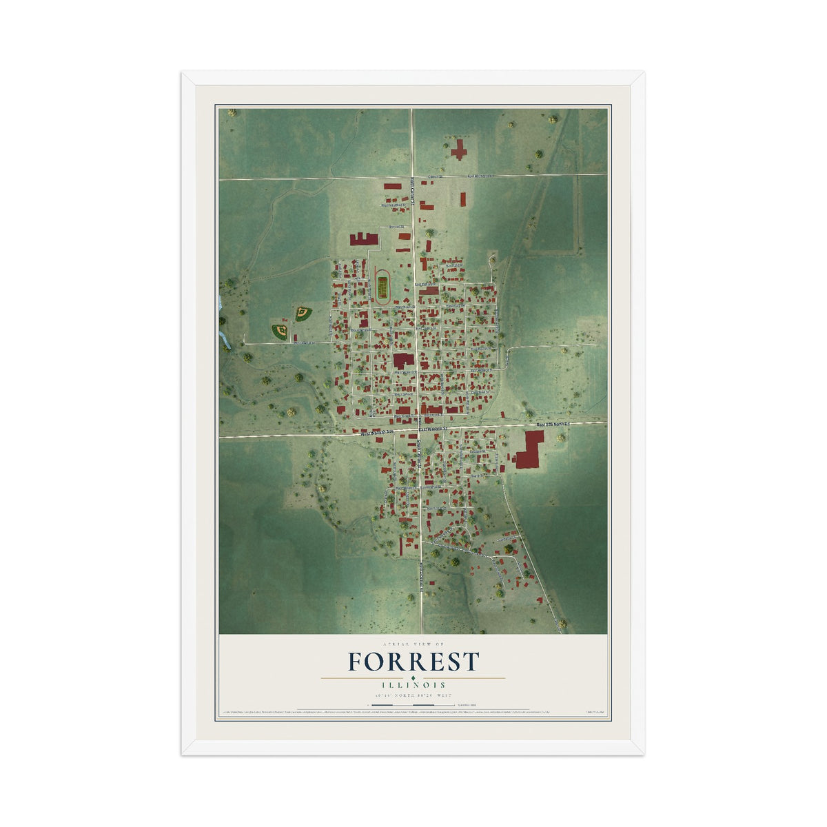 Map of Forrest, Illinois, 12 x 18 inch print in a white wood frame