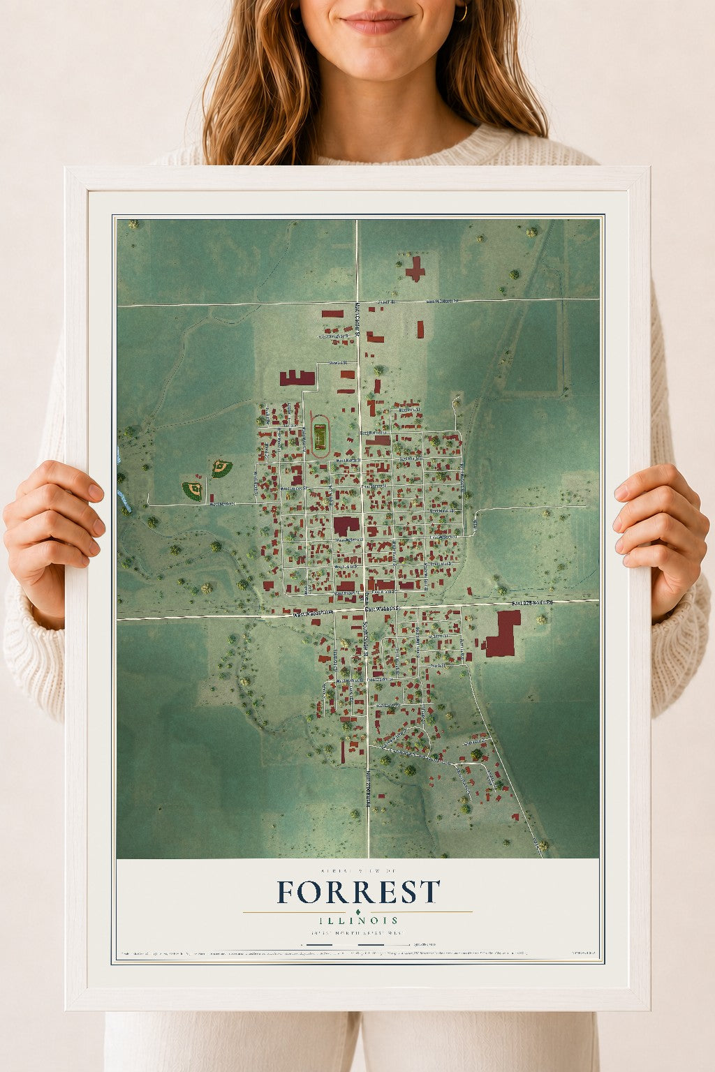 Map of Forrest, Illinois, 18 x 24 inch print in a white wood frame