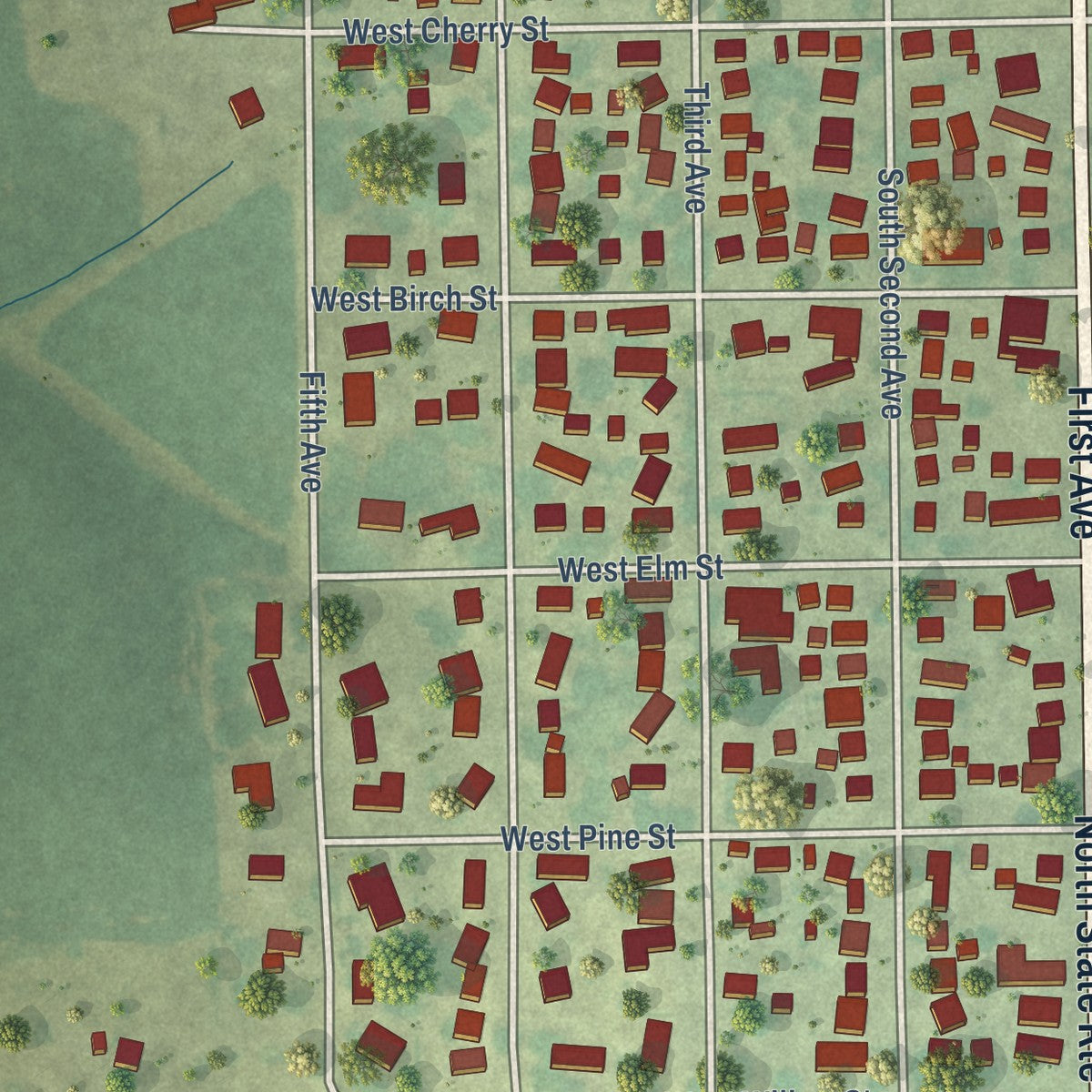 Second close-up of the map of Forreston, Illinois print showing more streets and buildings