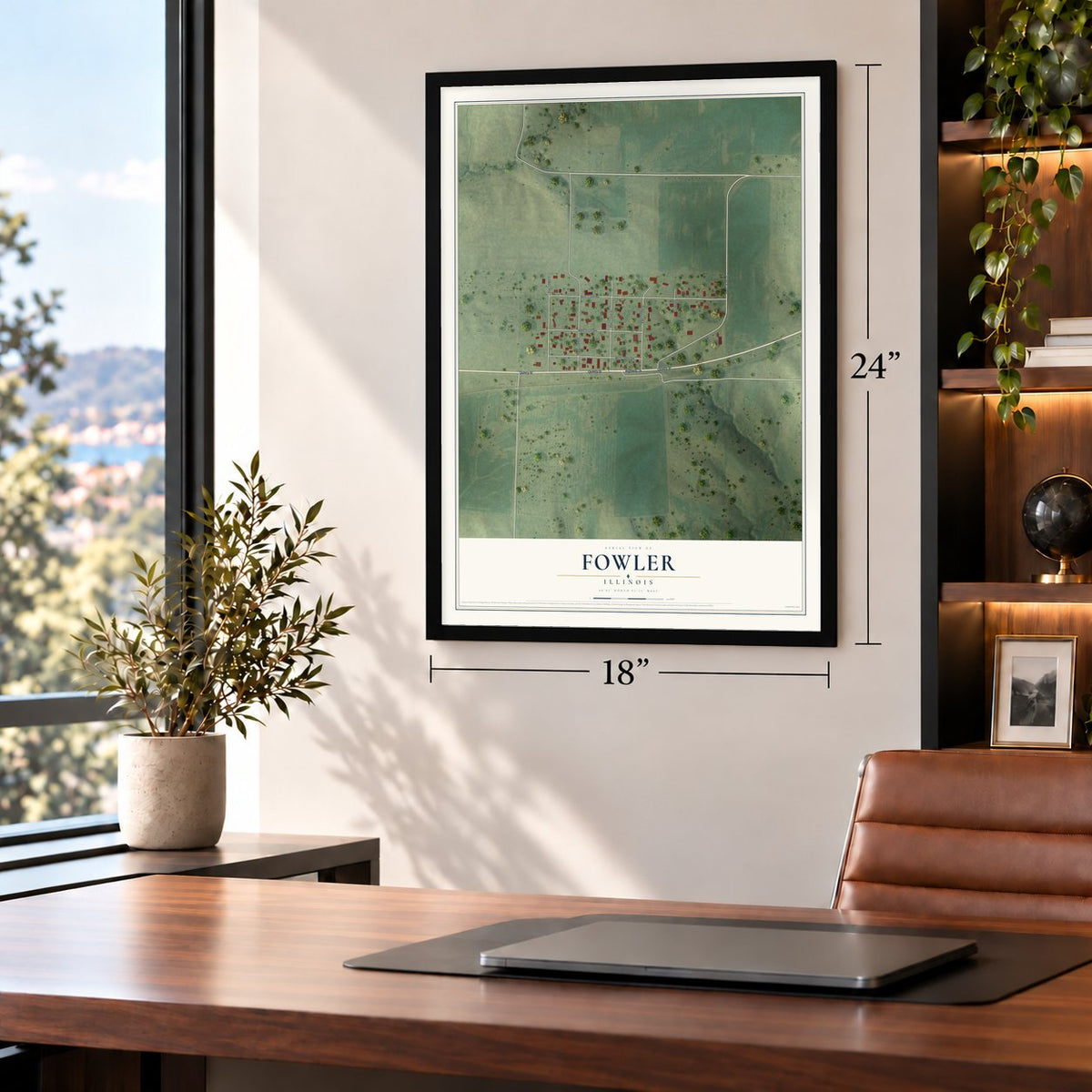 Fowler, Illinois map, 18 x 24 inch print in a black frame in a home office