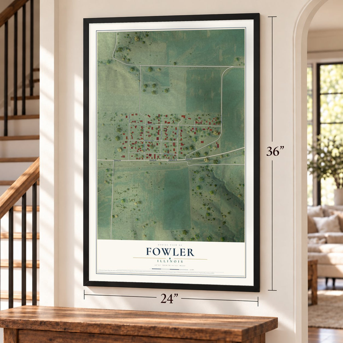 Fowler, Illinois map, 24 x 36 inch print in a black frame by a staircase