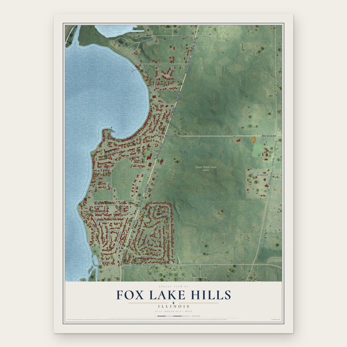 Fox Lake Hills, Illinois map print, the full design