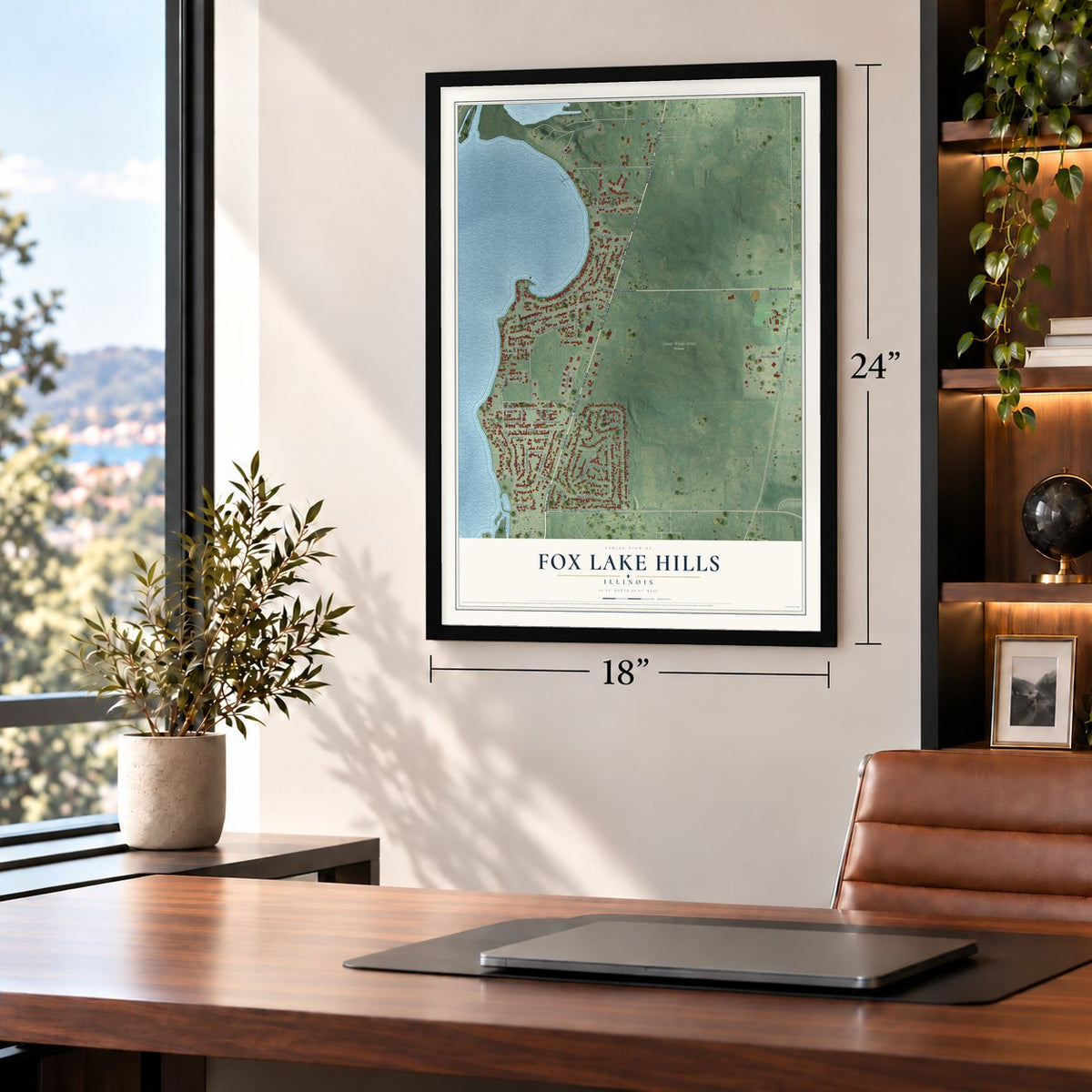 Fox Lake Hills, Illinois map, 18 x 24 inch print in a black frame in a home office