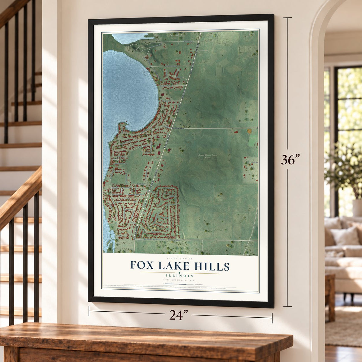 Fox Lake Hills, Illinois map, 24 x 36 inch print in a black frame by a staircase