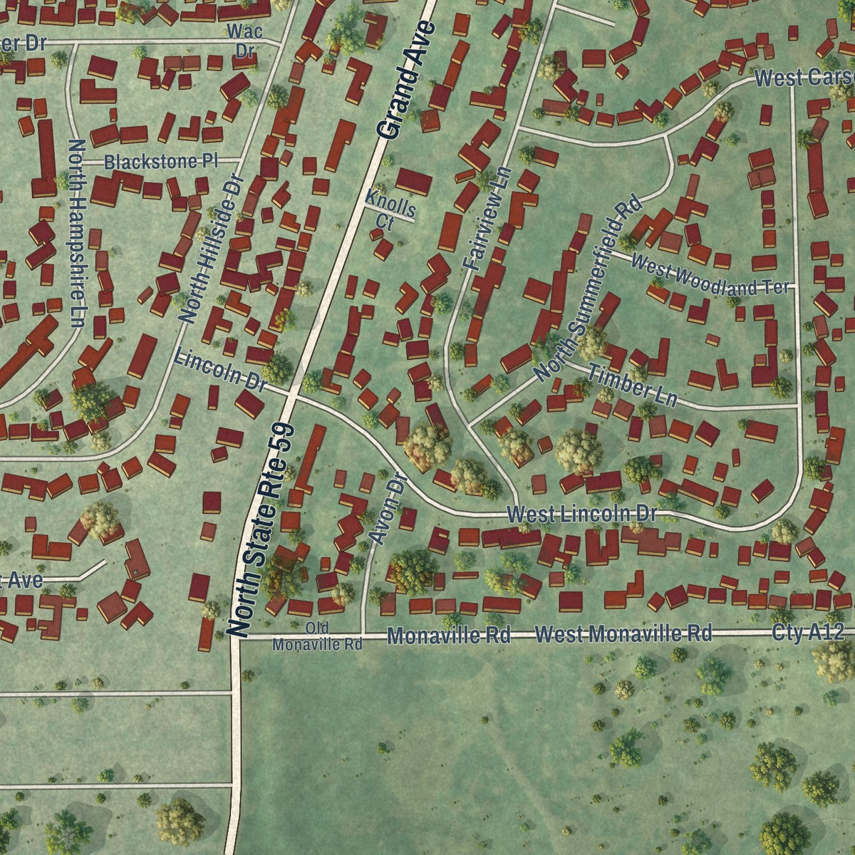 Close-up of the map of Fox Lake Hills, Illinois print showing street and building detail