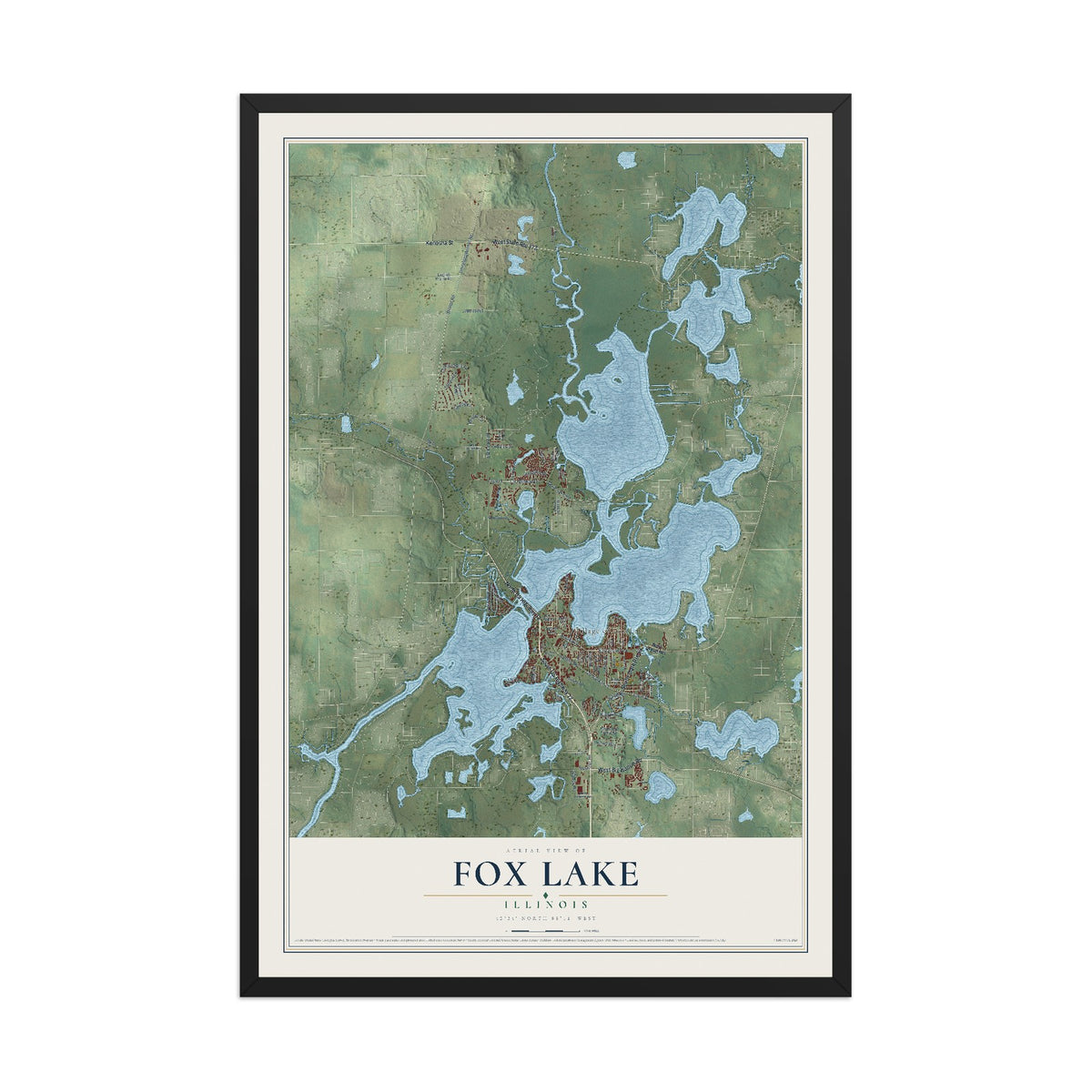 Map of Fox Lake, Illinois, 12 x 18 inch print in a black wood frame
