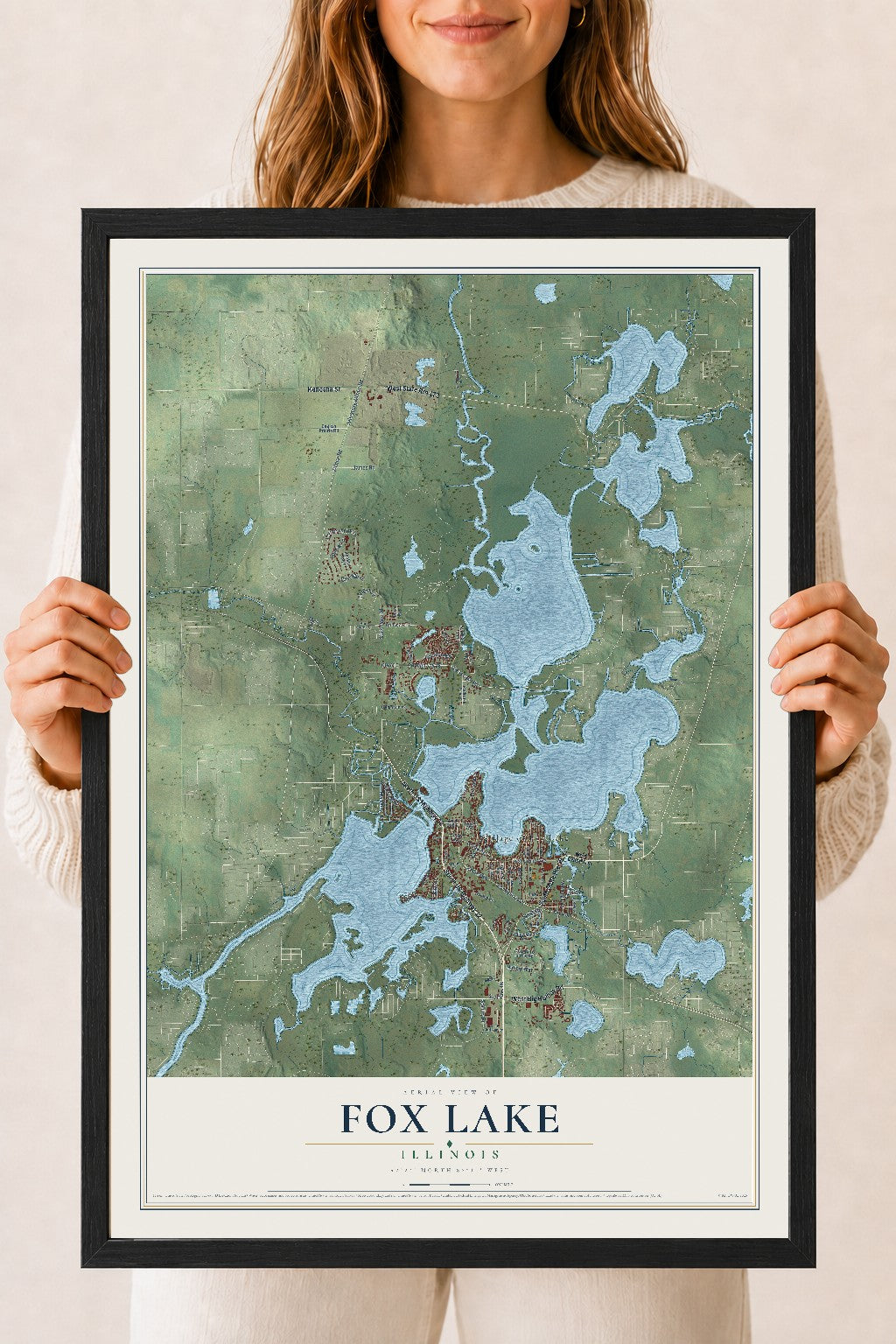Map of Fox Lake, Illinois, 18 x 24 inch print in a black wood frame