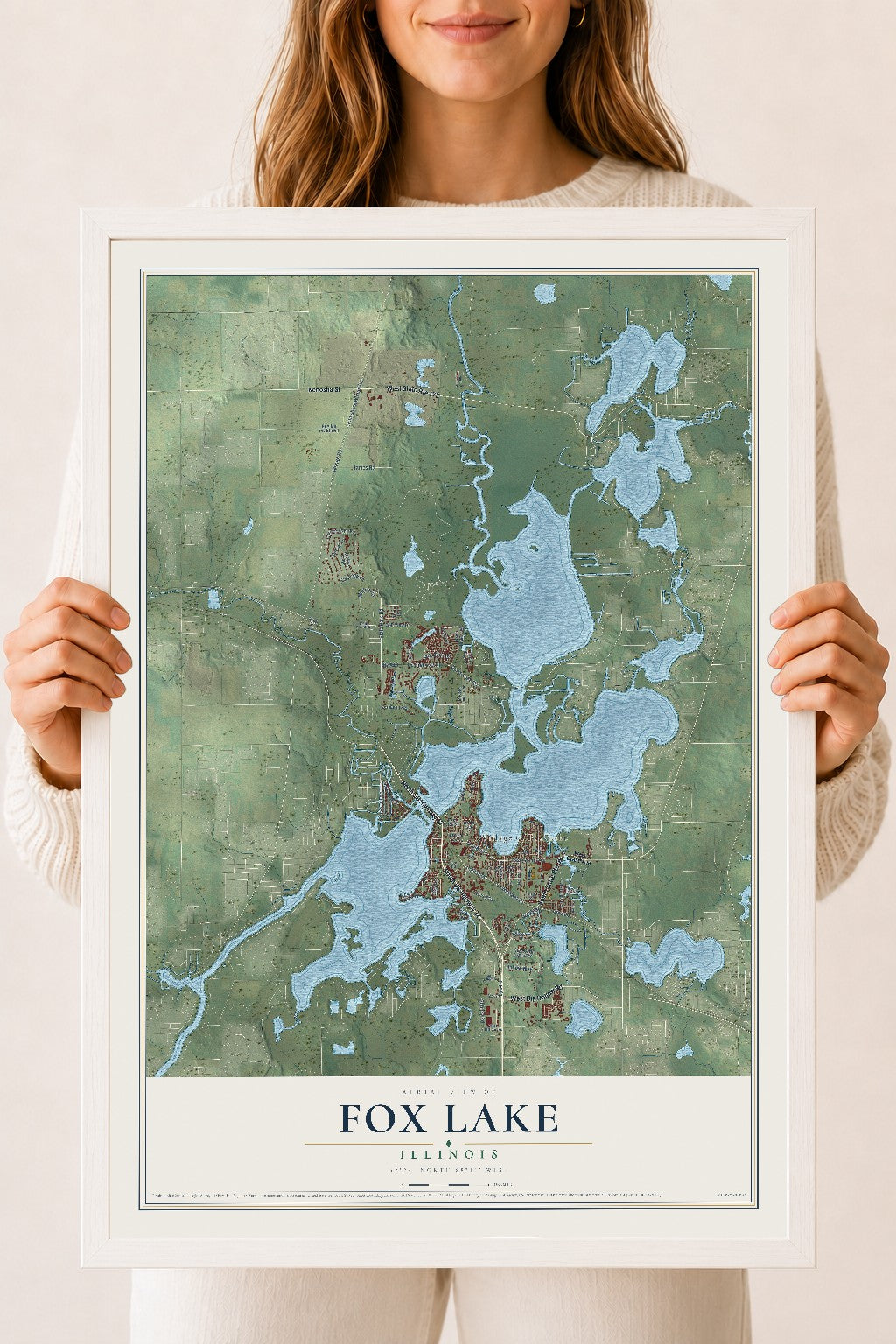 Map of Fox Lake, Illinois, 18 x 24 inch print in a white wood frame