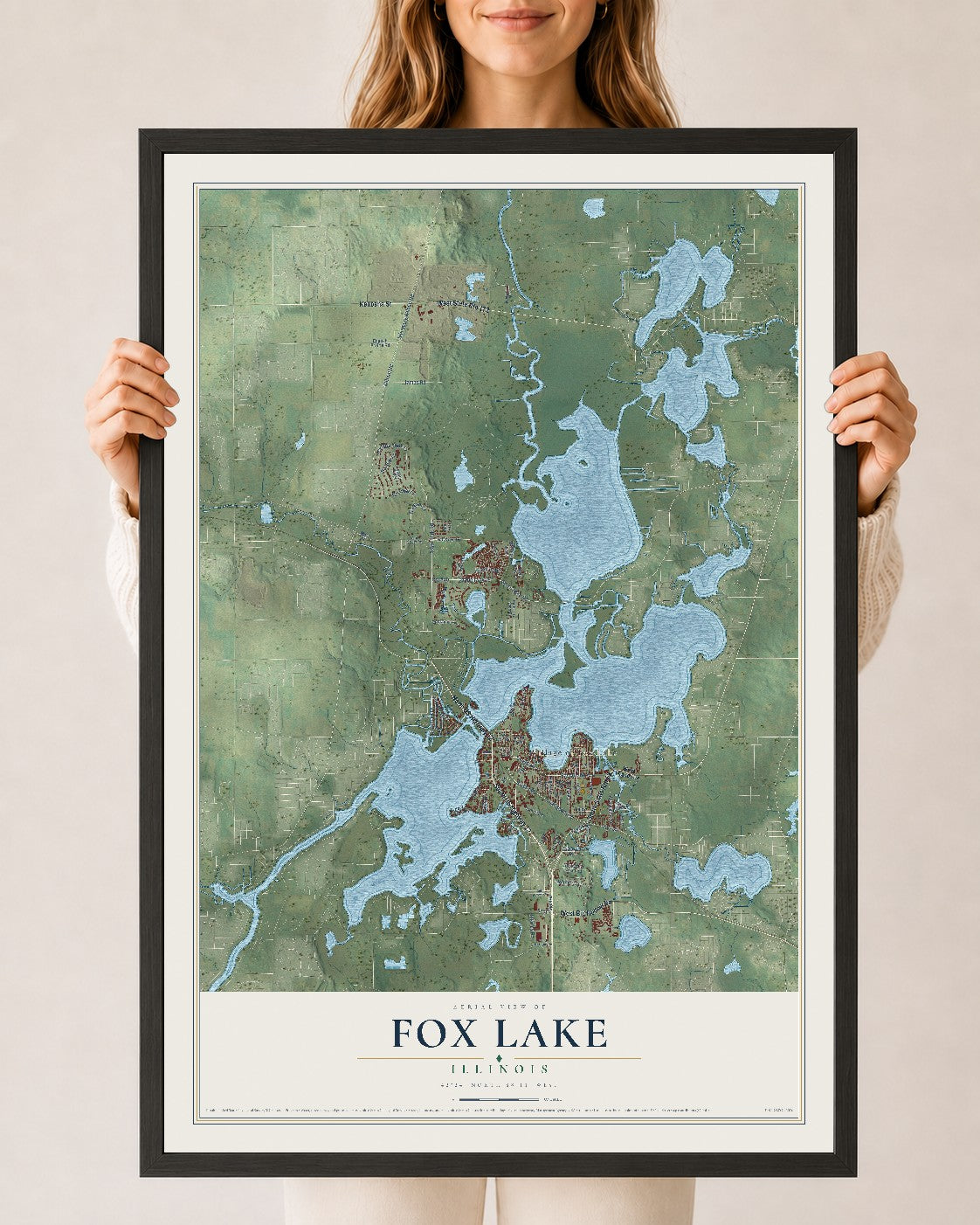 Map of Fox Lake, Illinois, 24 x 36 inch print in a black wood frame