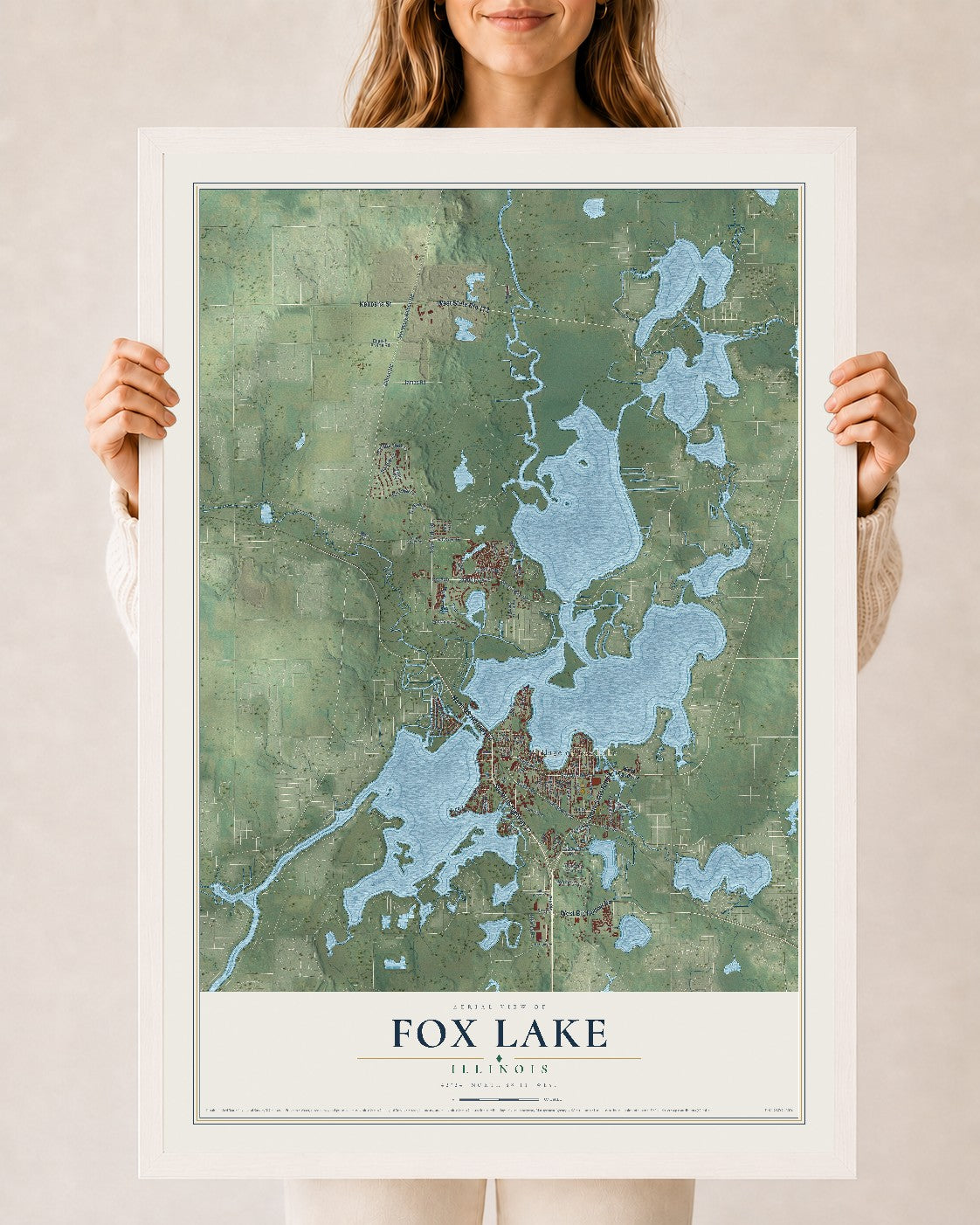 Map of Fox Lake, Illinois, 24 x 36 inch print in a white wood frame